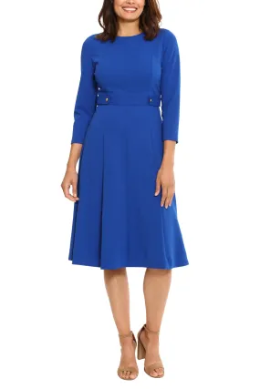 London Times 3/4 Sleeve Seamed Side Tab Fit & Flare Midi Dress