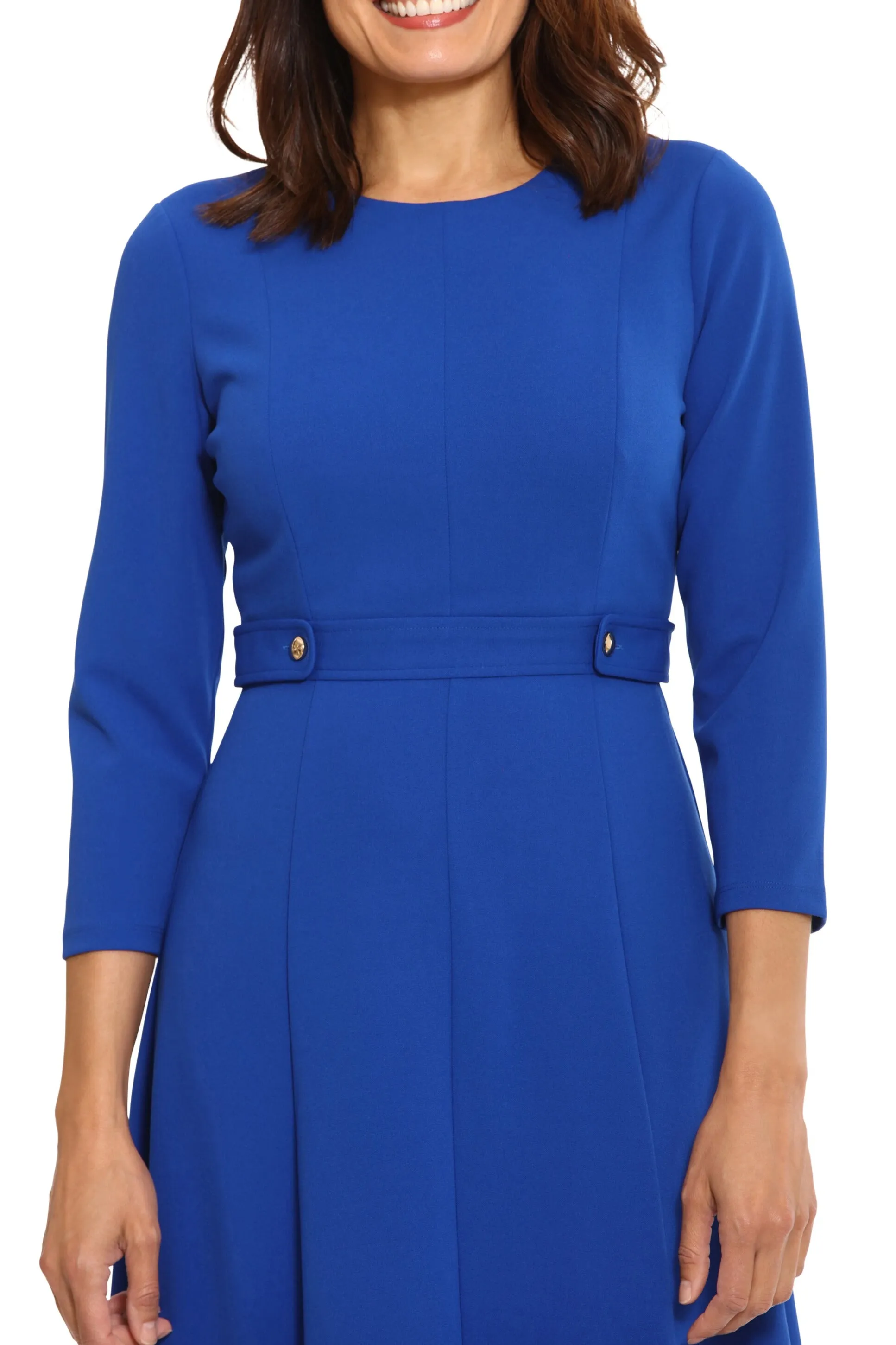 London Times 3/4 Sleeve Seamed Side Tab Fit & Flare Midi Dress