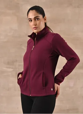 Maroon Zip-front High-neck Regular Jacket with Pockets