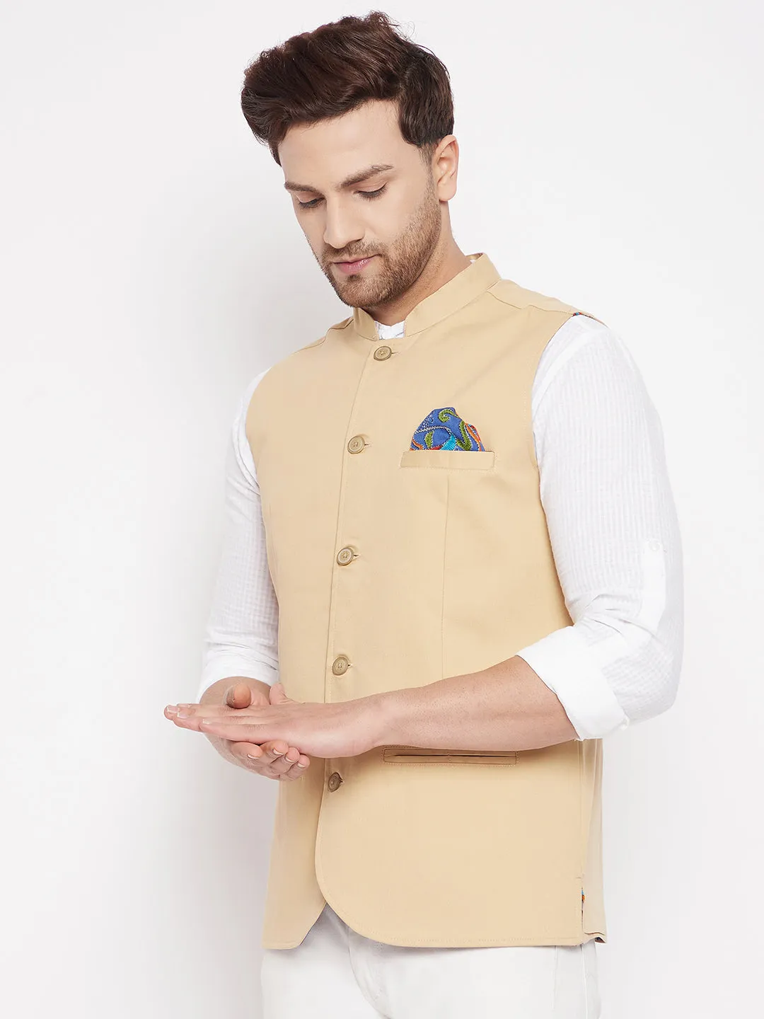 Men's Beige Color Nehru Jacket-Contrast Lining-Inbuilt Pocket Square - Even Apparels