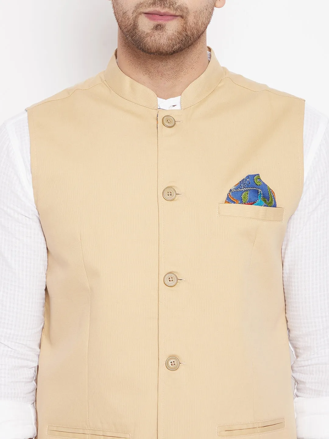 Men's Beige Color Nehru Jacket-Contrast Lining-Inbuilt Pocket Square - Even Apparels