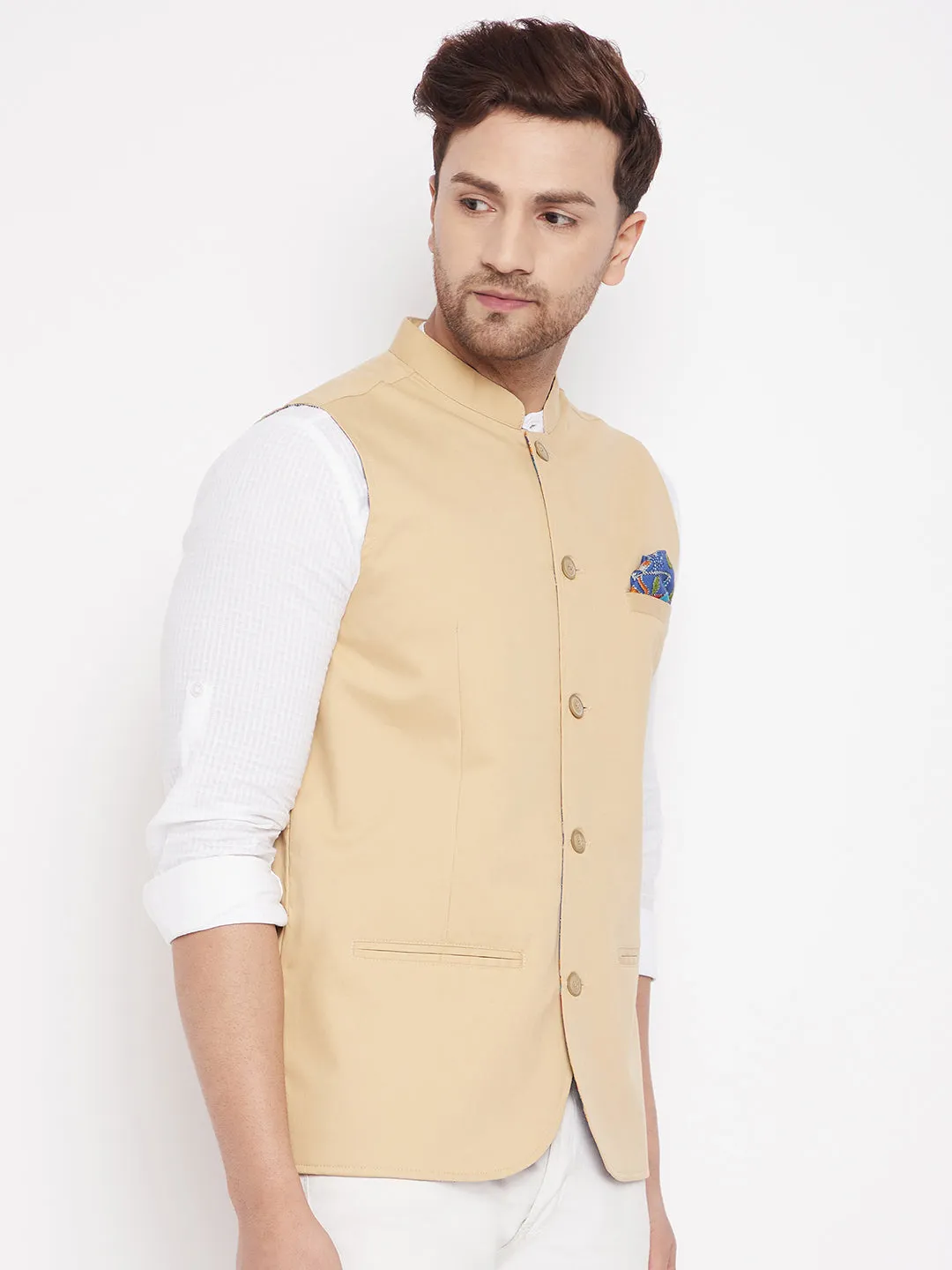 Men's Beige Color Nehru Jacket-Contrast Lining-Inbuilt Pocket Square - Even Apparels