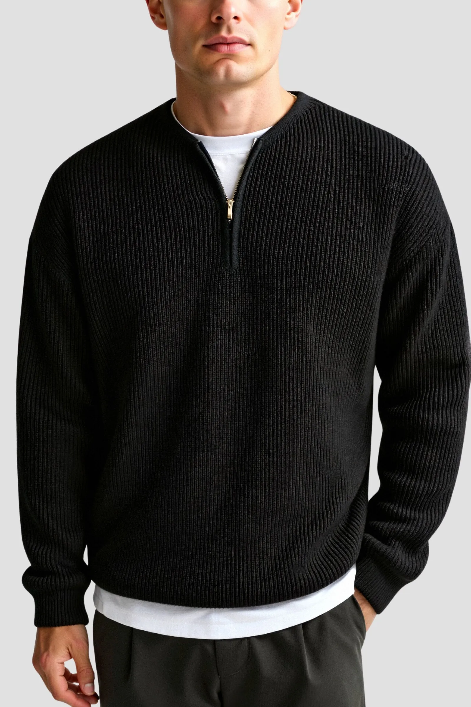 Men's Knitted Loose Solid Zipper Striped Knitted Sweater