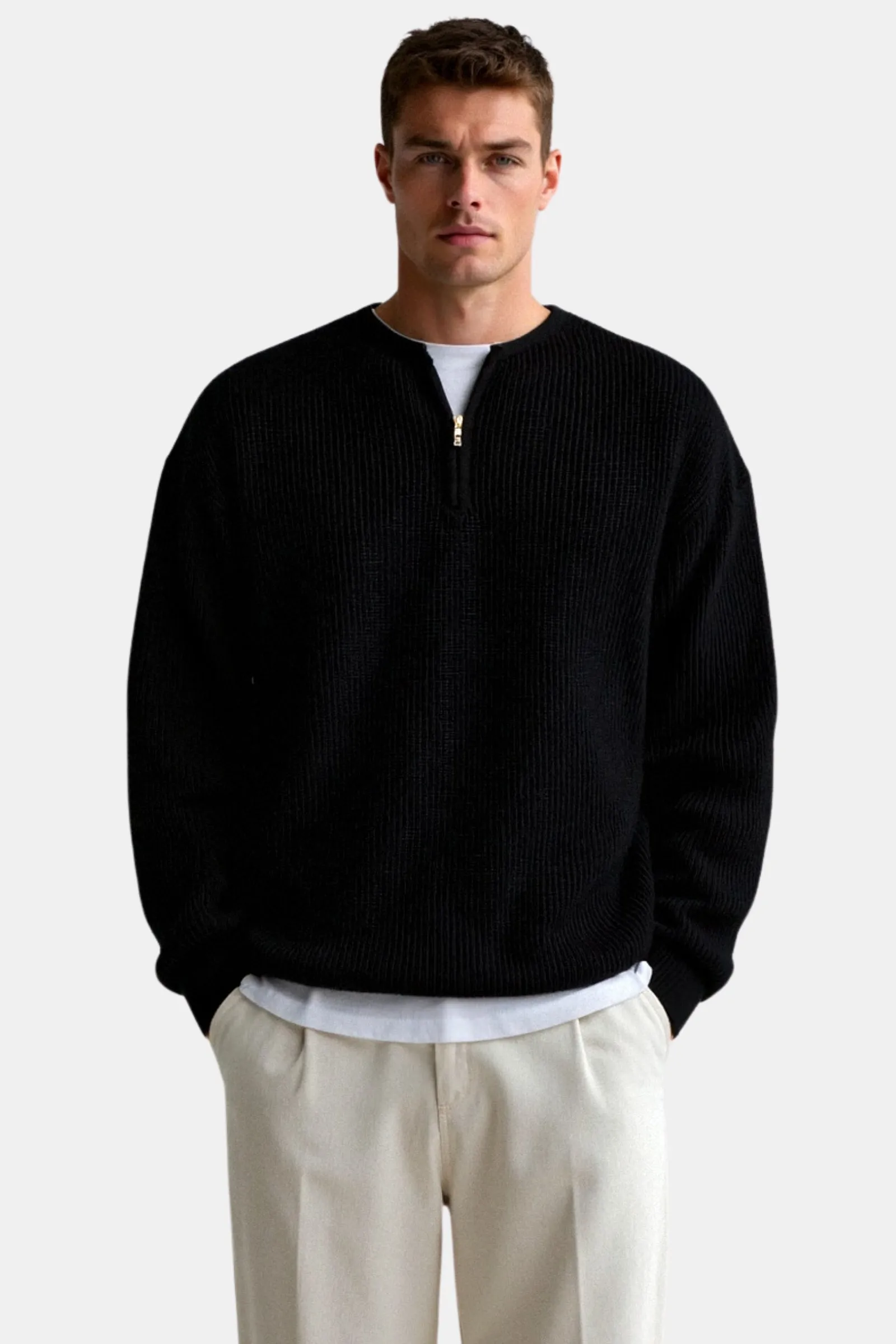 Men's Knitted Loose Solid Zipper Striped Knitted Sweater