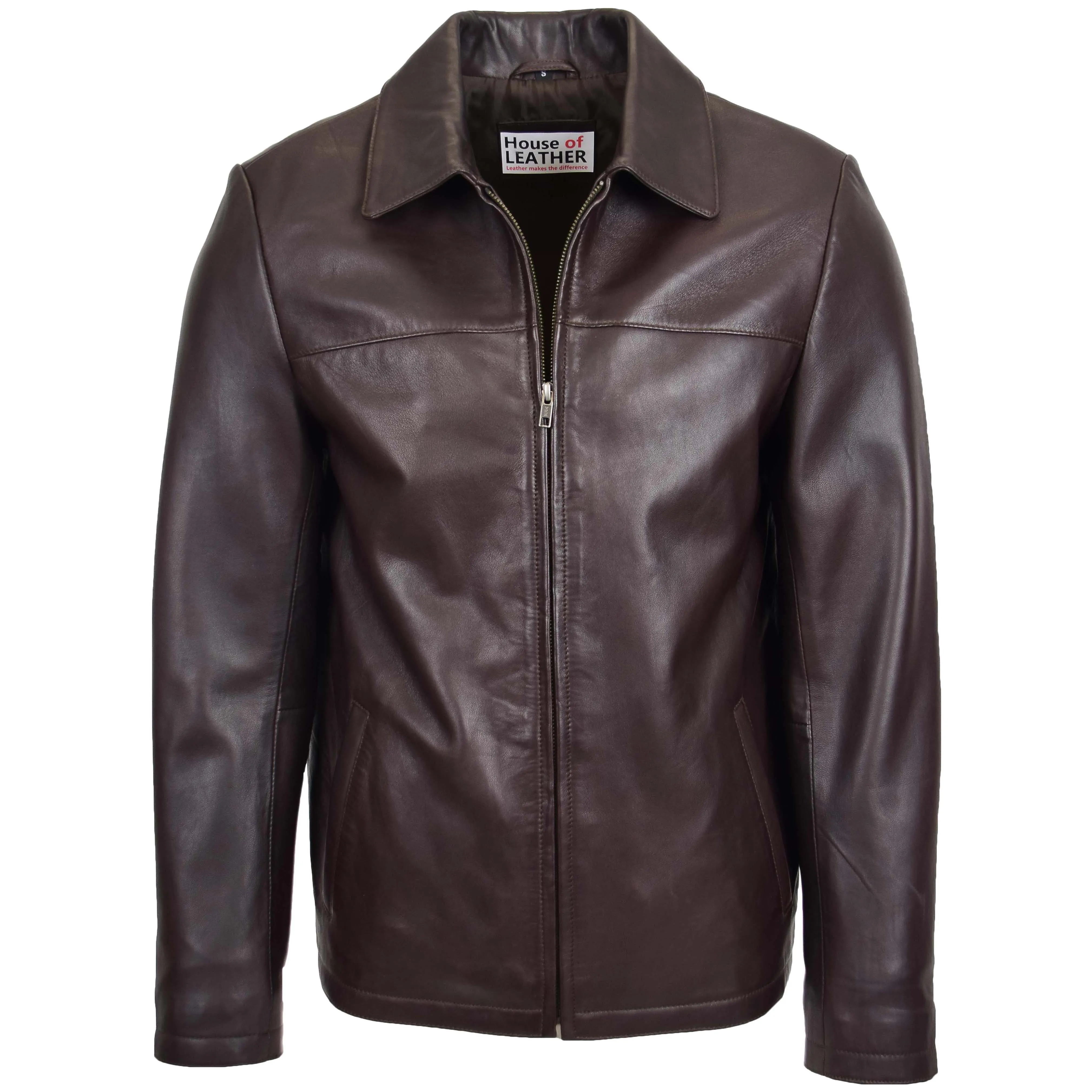 Mens Leather Zip Box Harrington Jacket James Brown