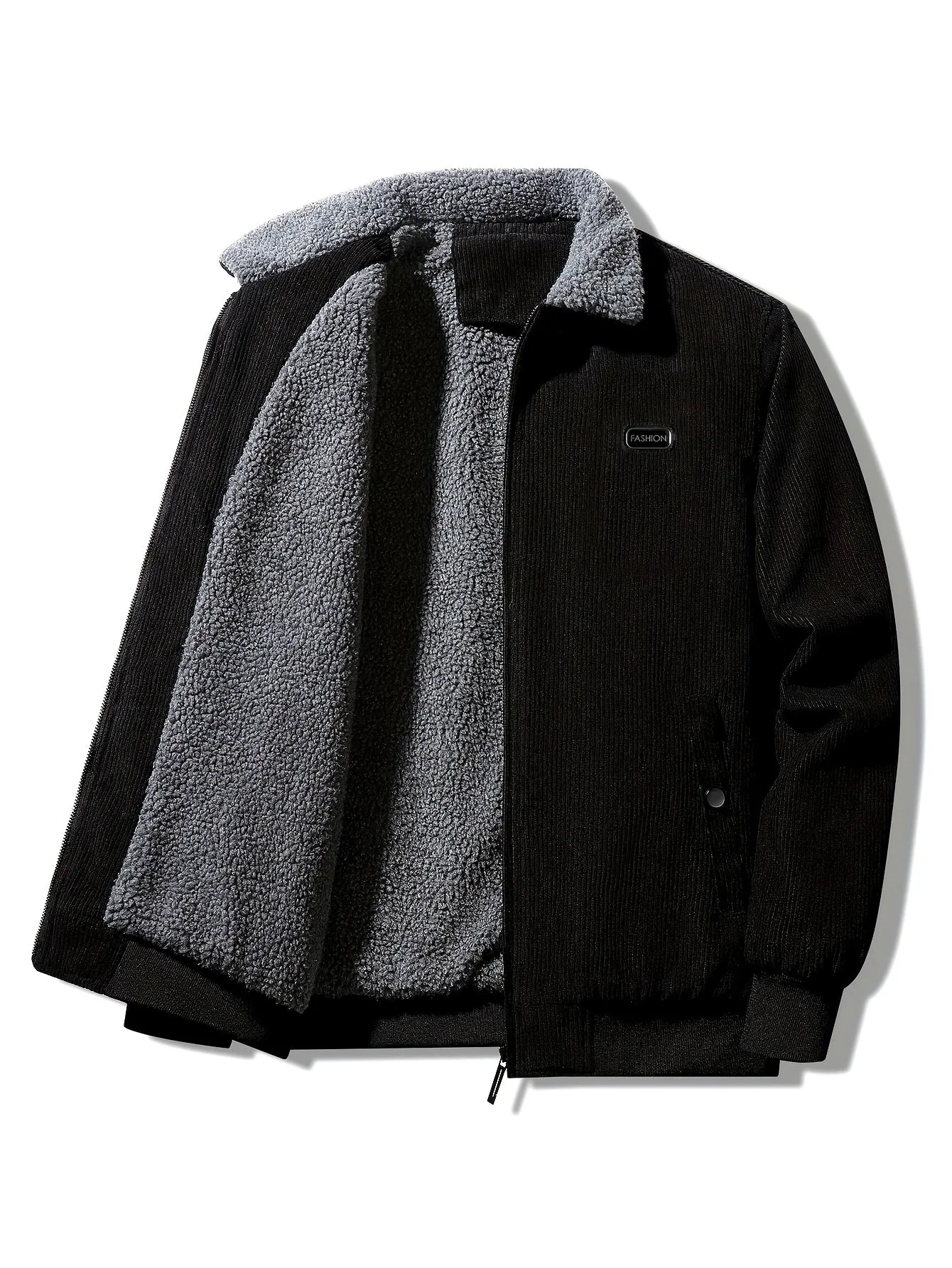 Men's Solid Casual Warm Fleece Jacket, Chic Lapel Zip Up Coat For Fall Winter