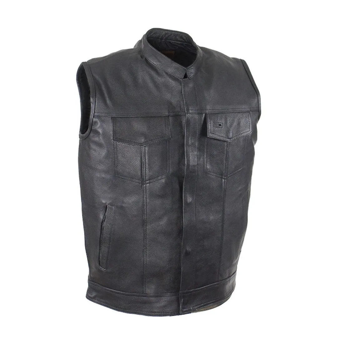 Mens Split Leather Motorcycle Club Vest Solid Back Concealed Snaps Gun Pockets