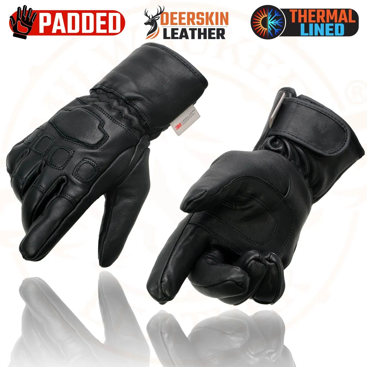 Milwaukee Leather MG7534 Men's Black Deerskin Gauntlet Motorcycle Hand Gloves W/ Wrist Strap & Sinch Closure