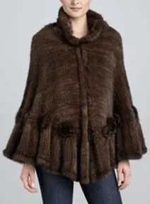 Mink Knit Poncho With Rosettes- Brown