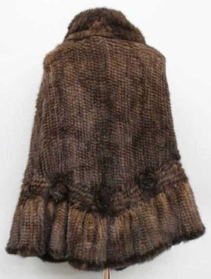 Mink Knit Poncho With Rosettes- Brown