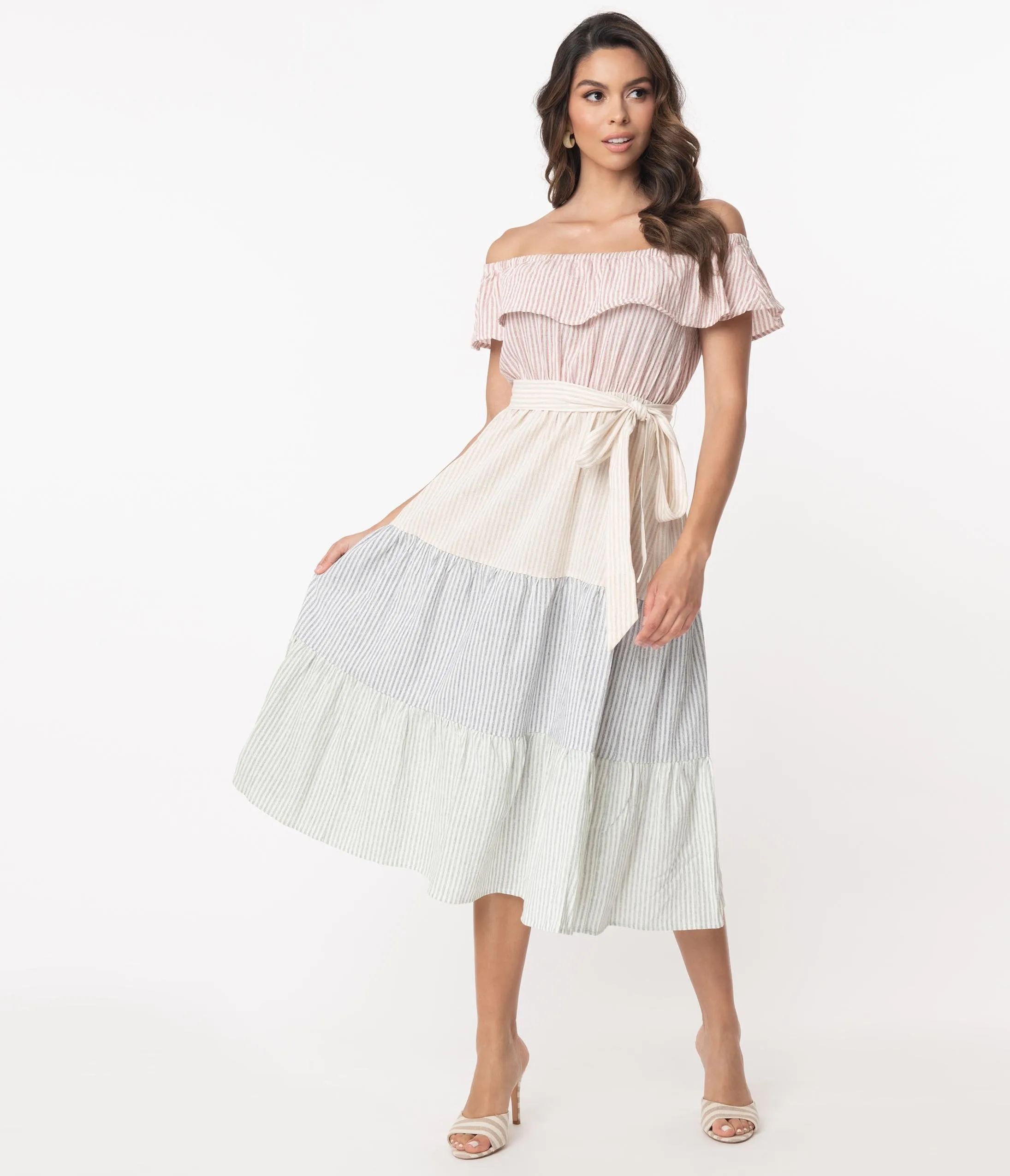 Multicolor Pastel Stripe Tiered Midi Dress