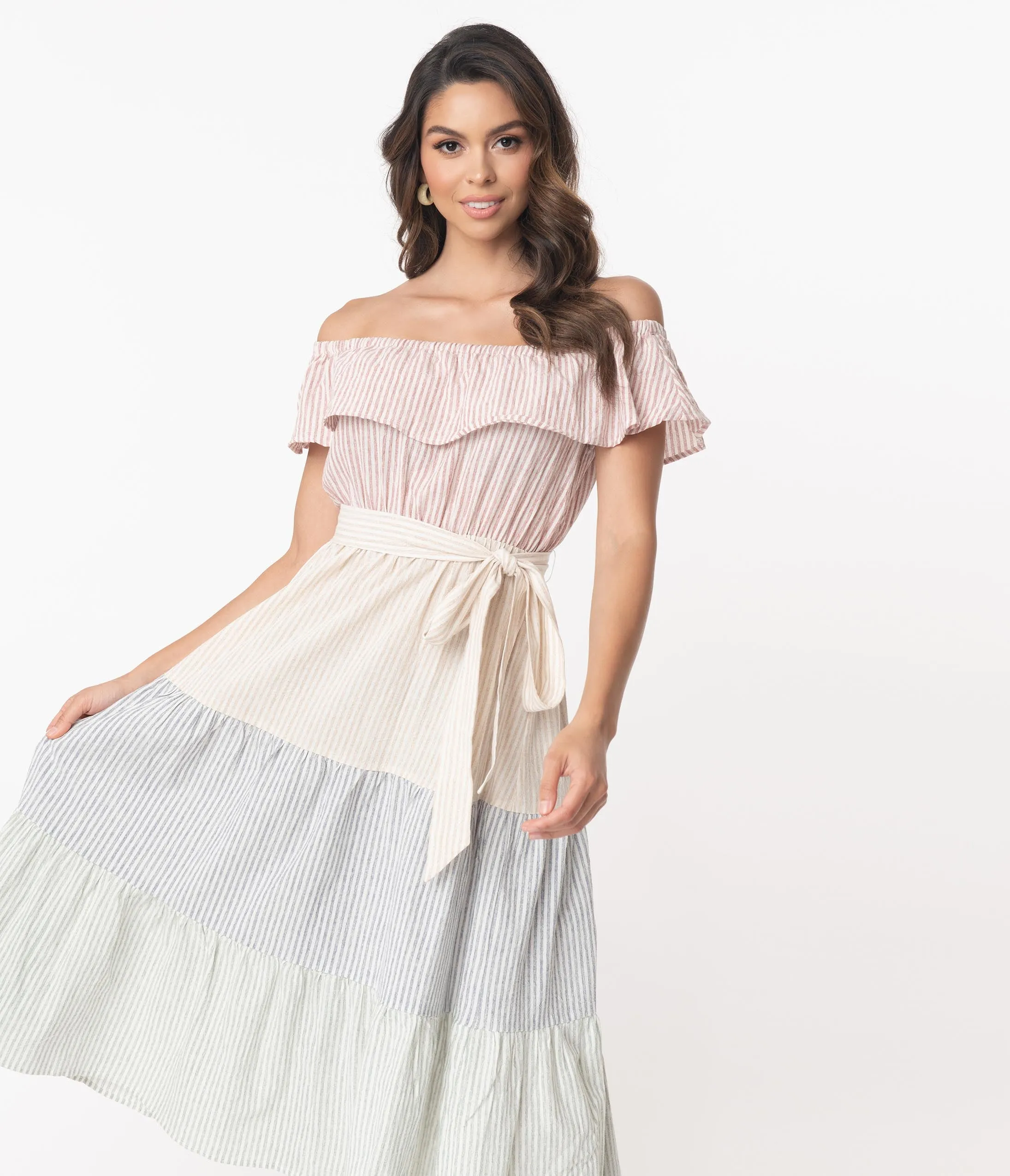 Multicolor Pastel Stripe Tiered Midi Dress