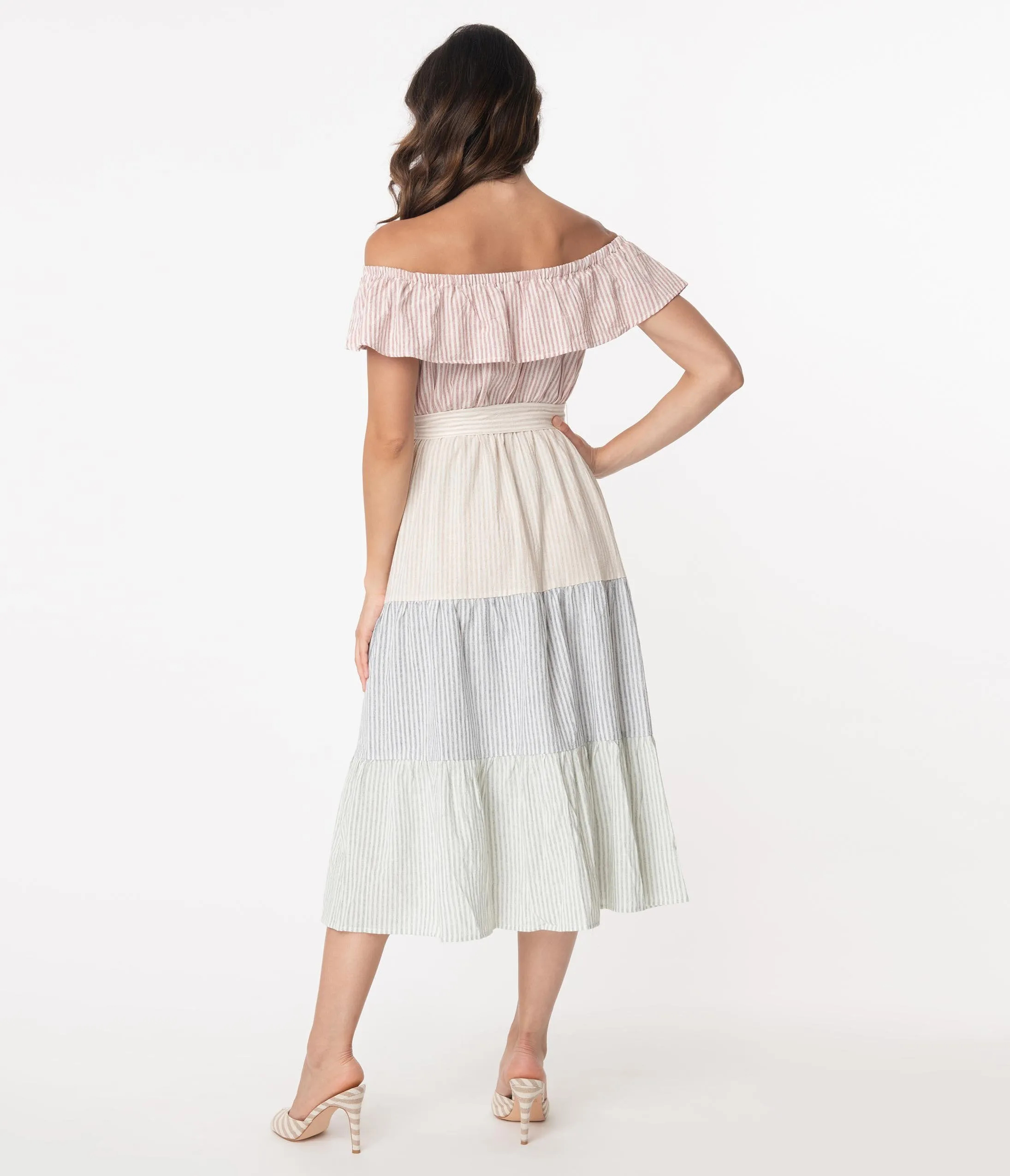 Multicolor Pastel Stripe Tiered Midi Dress