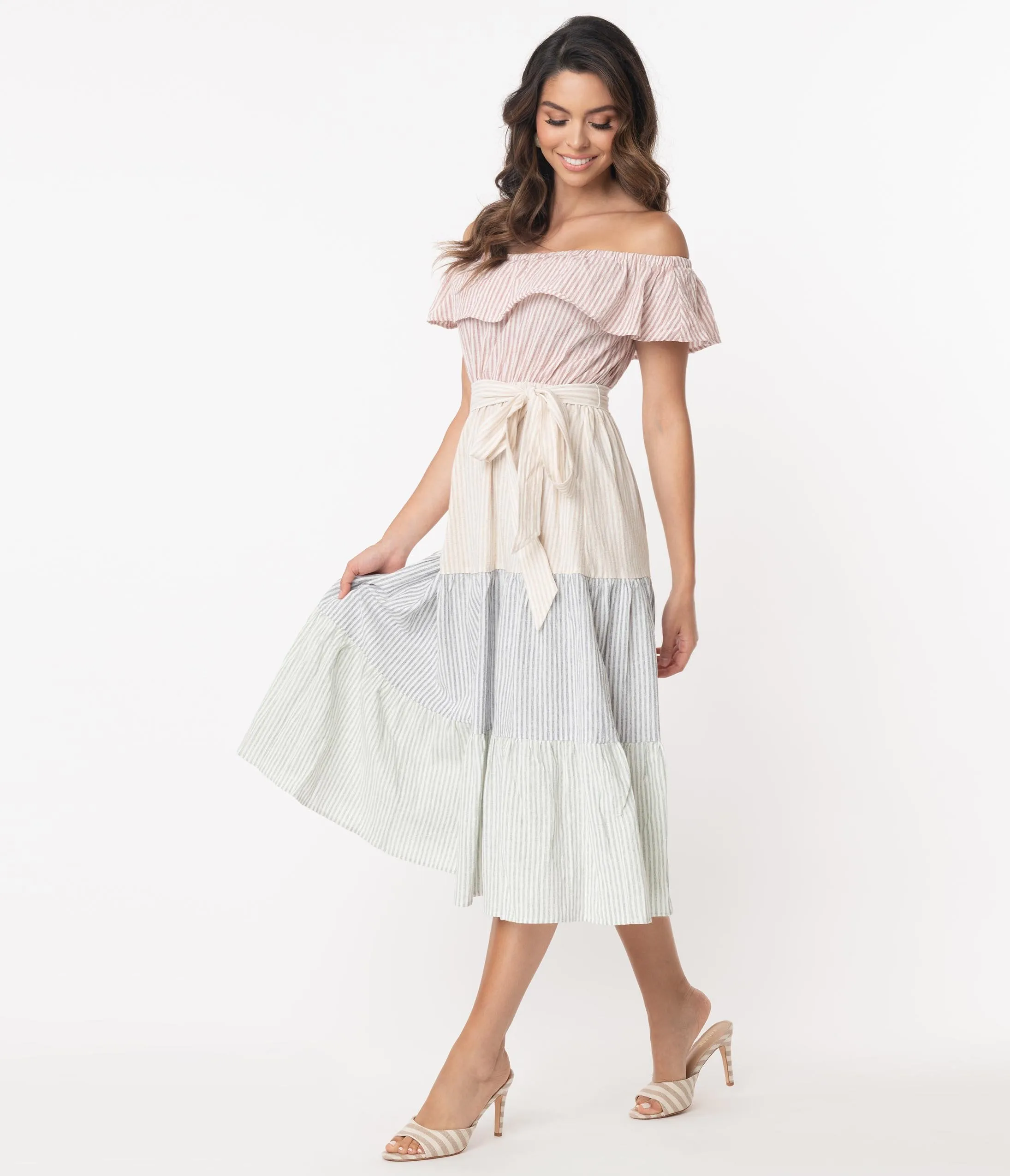 Multicolor Pastel Stripe Tiered Midi Dress