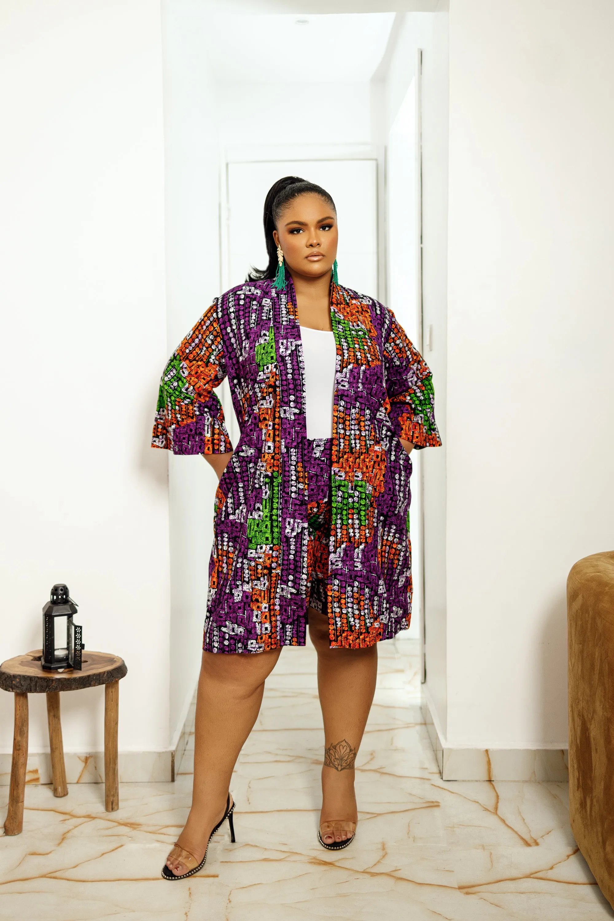 MYKA AFRICAN PRINT KIMONO & SHORTS SET