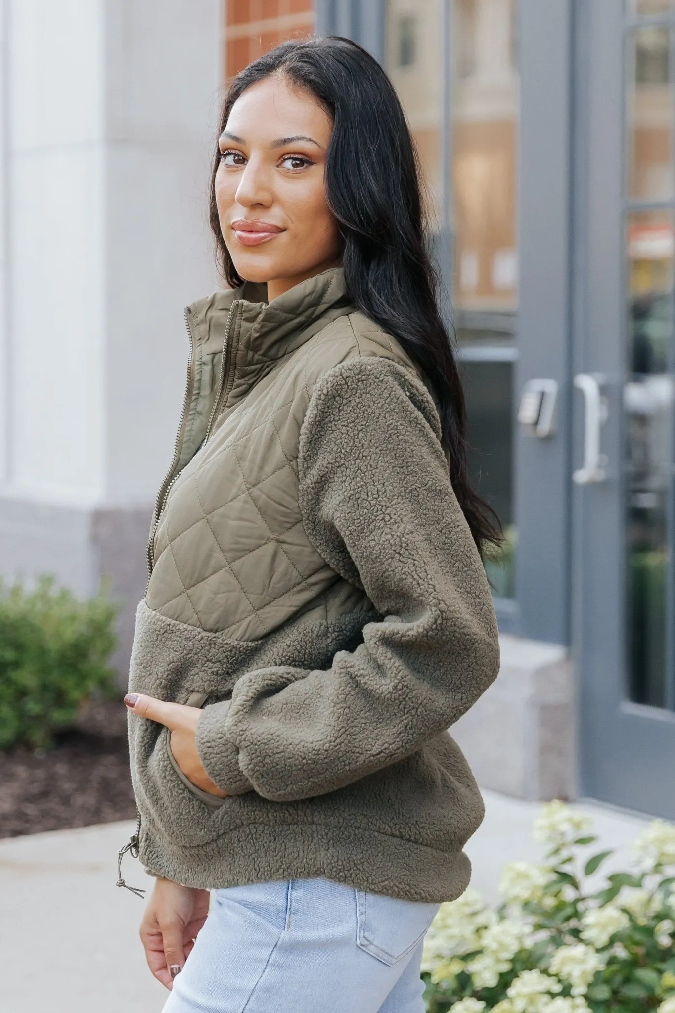 Olive Quilted Zip Up Fleece Jacket - FINAL SALE