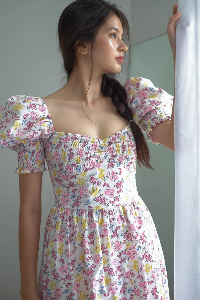 Olivia Midi Dress - white floral garden