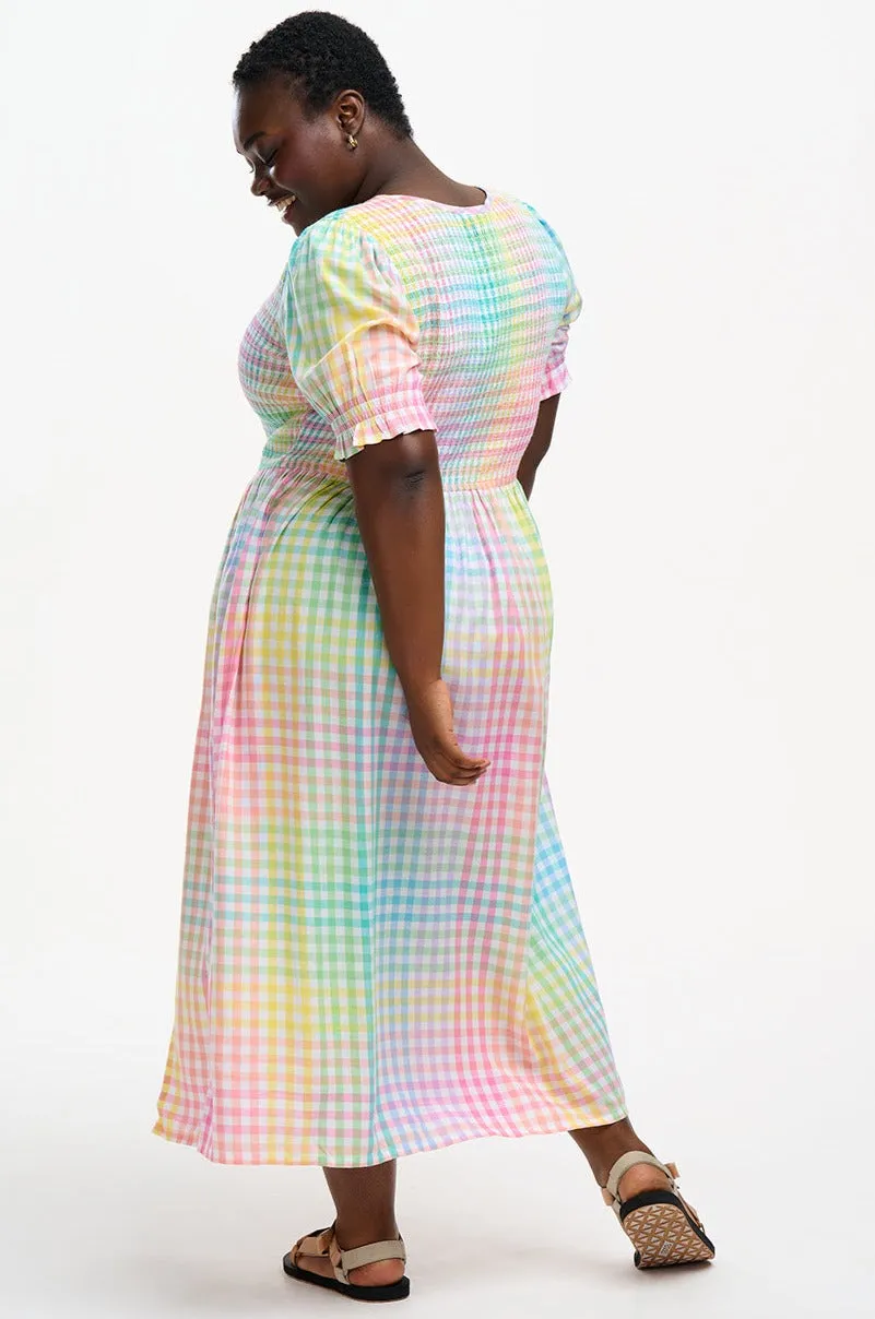 Ophelia Midi Shirred Dress - Multi, Pastel Gingham