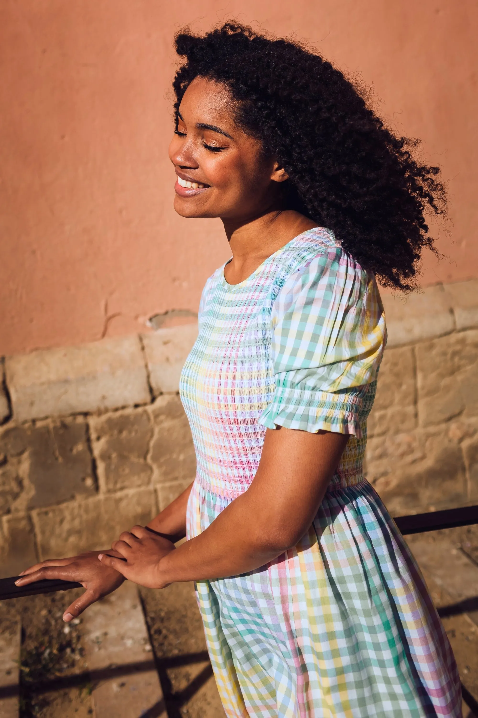 Ophelia Midi Shirred Dress - Multi, Pastel Gingham