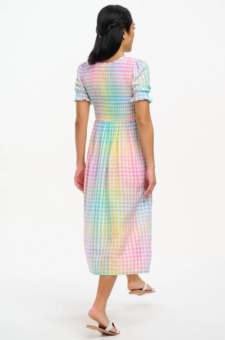 Ophelia Midi Shirred Dress - Multi, Pastel Gingham