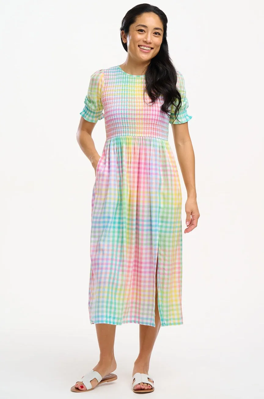 Ophelia Midi Shirred Dress - Multi, Pastel Gingham