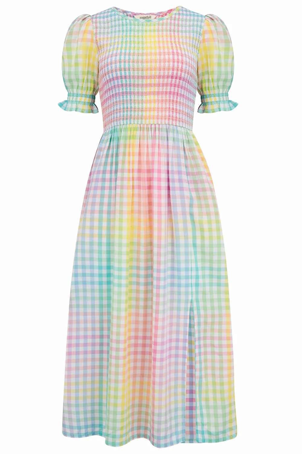 Ophelia Midi Shirred Dress - Multi, Pastel Gingham