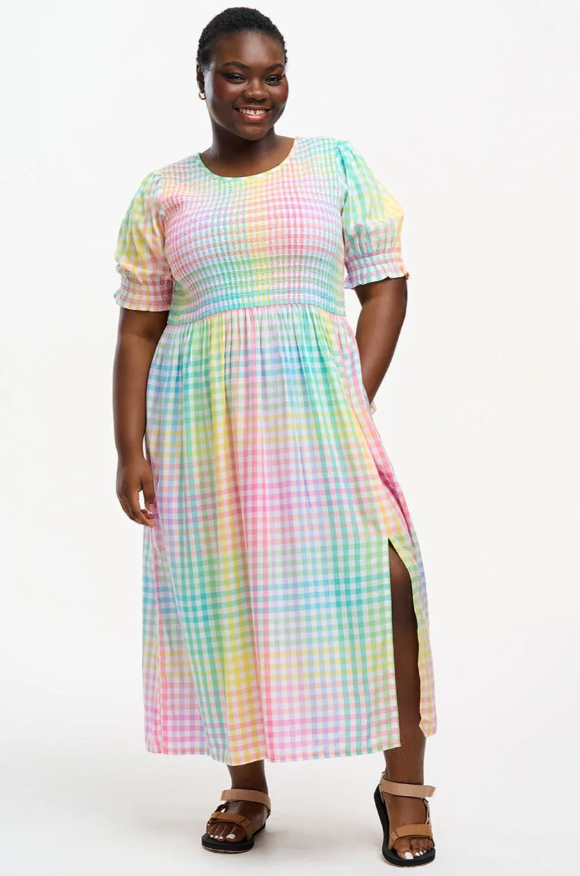 Ophelia Midi Shirred Dress - Multi, Pastel Gingham