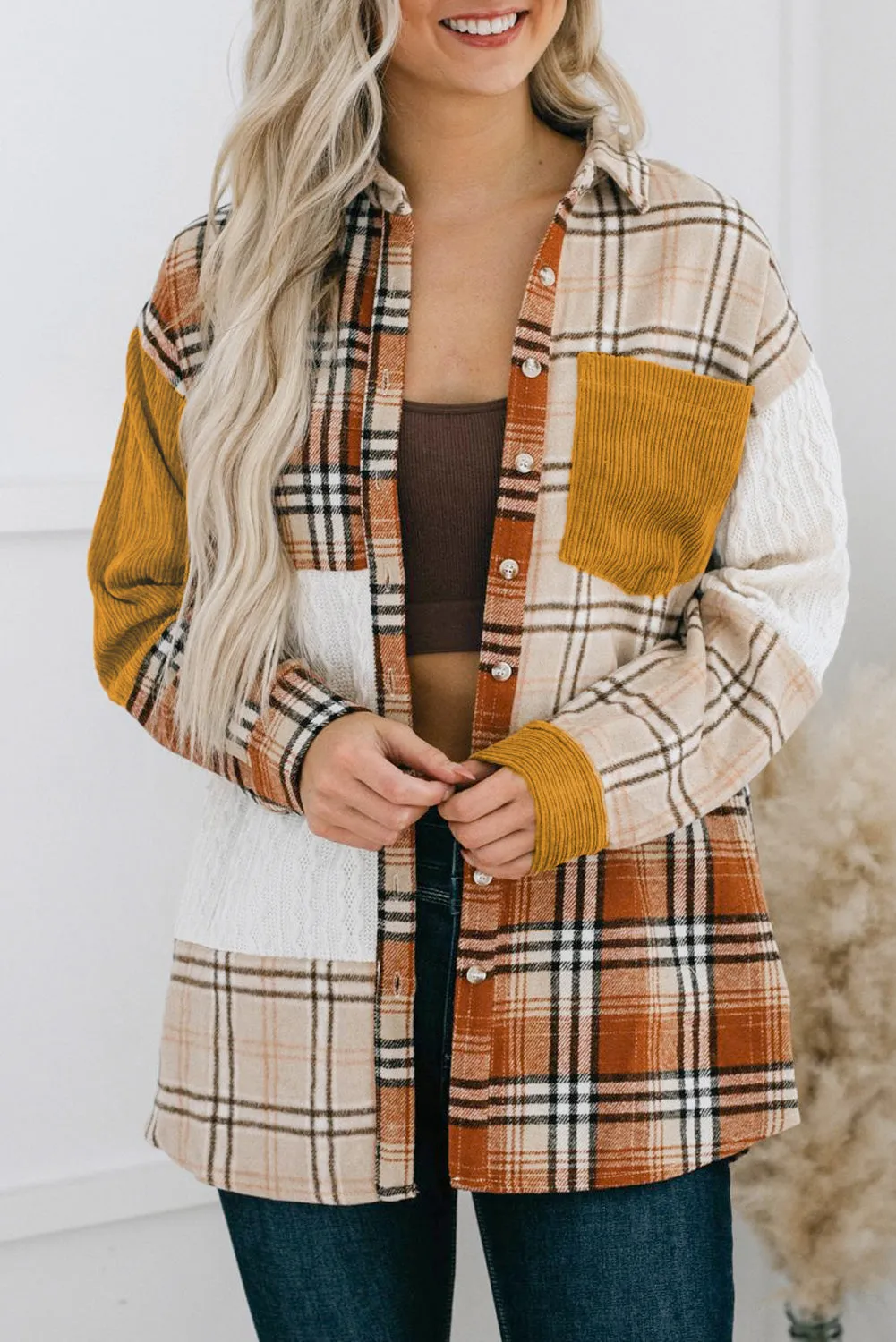 Orange Plaid Color Block Patchwork Pocket Shirt Shacket