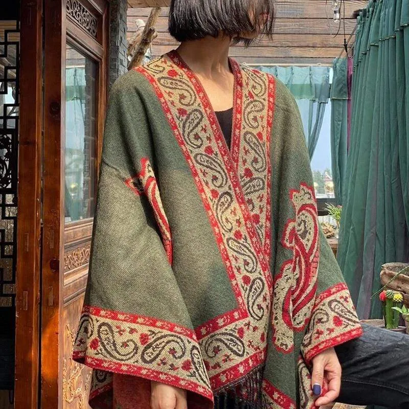 Oversized Paisley and Tassels Poncho | Hippie