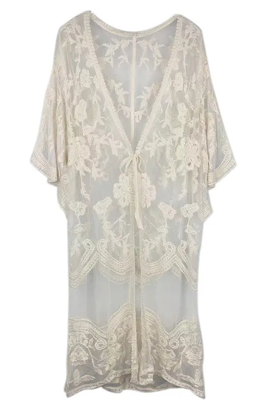 Pastel Floral Lace Kimono with Front Tie