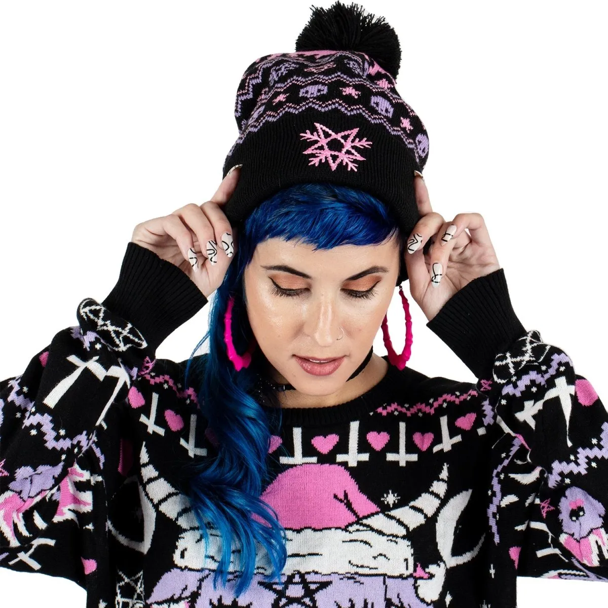 Pastel Goth Pom Pom Knit Beanie