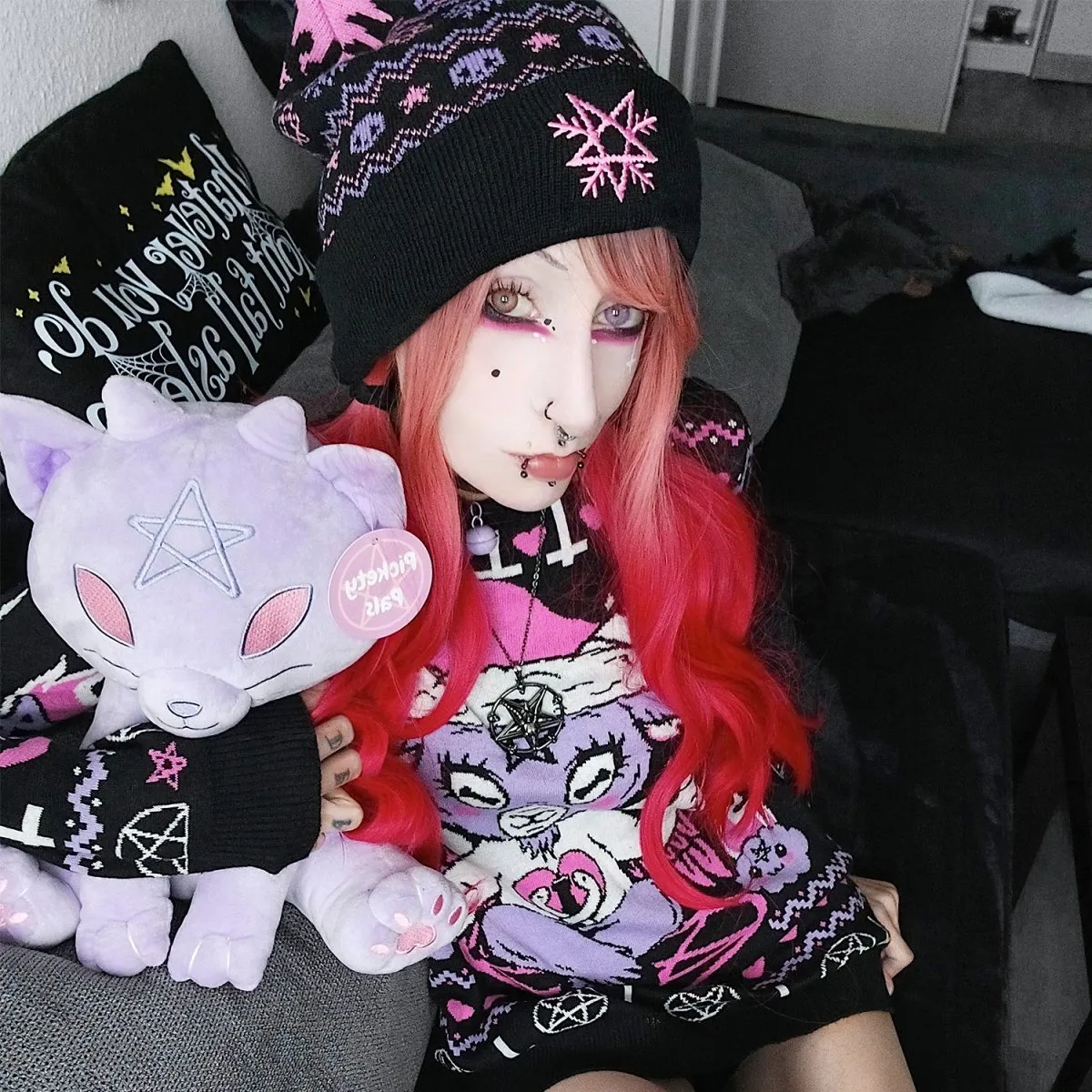 Pastel Goth Pom Pom Knit Beanie