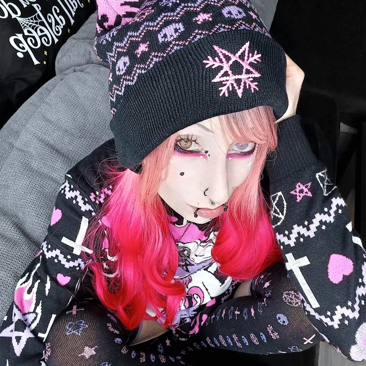 Pastel Goth Pom Pom Knit Beanie