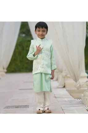 Pastel Green Silk Kurta With Sequins Embroidered Jacket Set