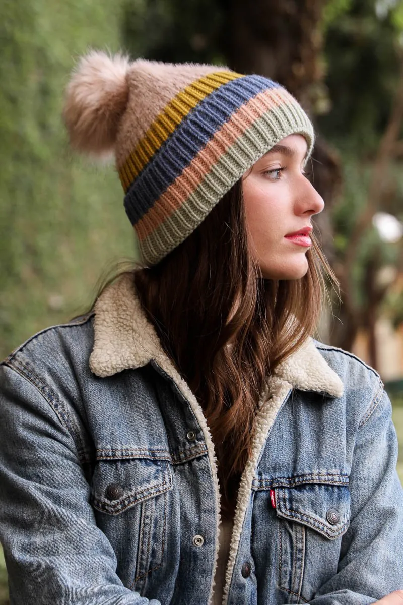 Pastel Stripe Knit Pom Beanie