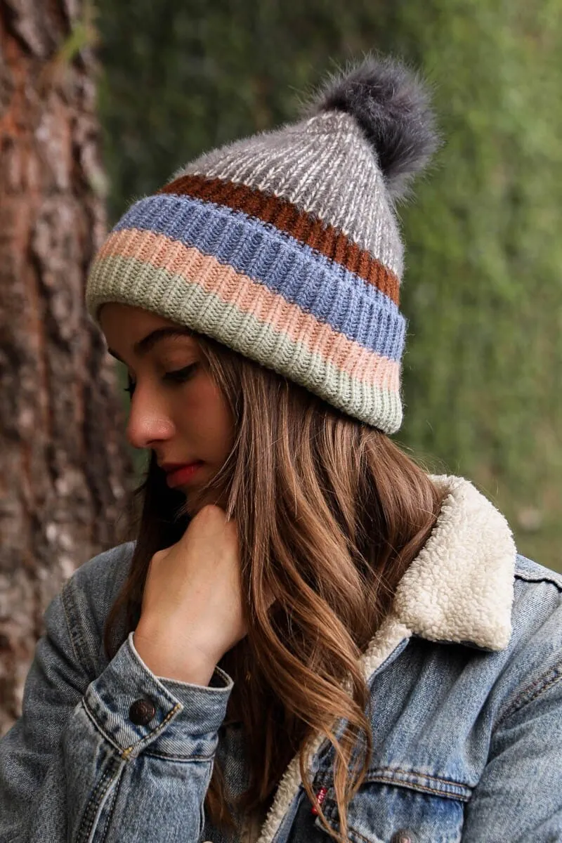 Pastel Stripe Knit Pom Beanie