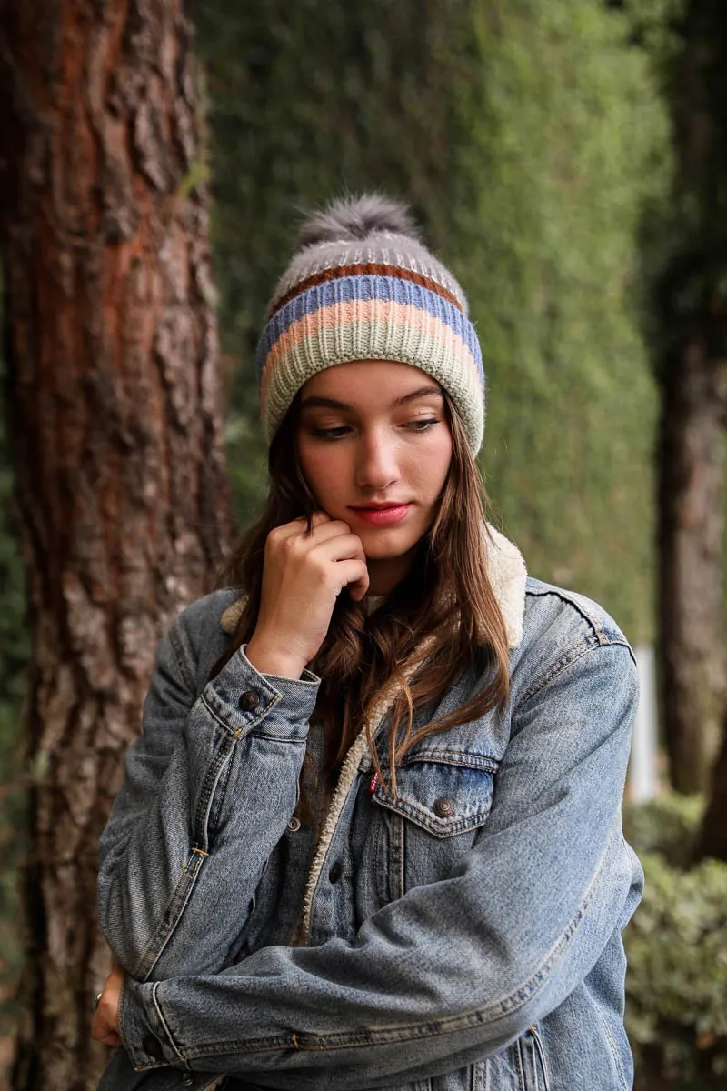 Pastel Stripe Knit Pom Beanie