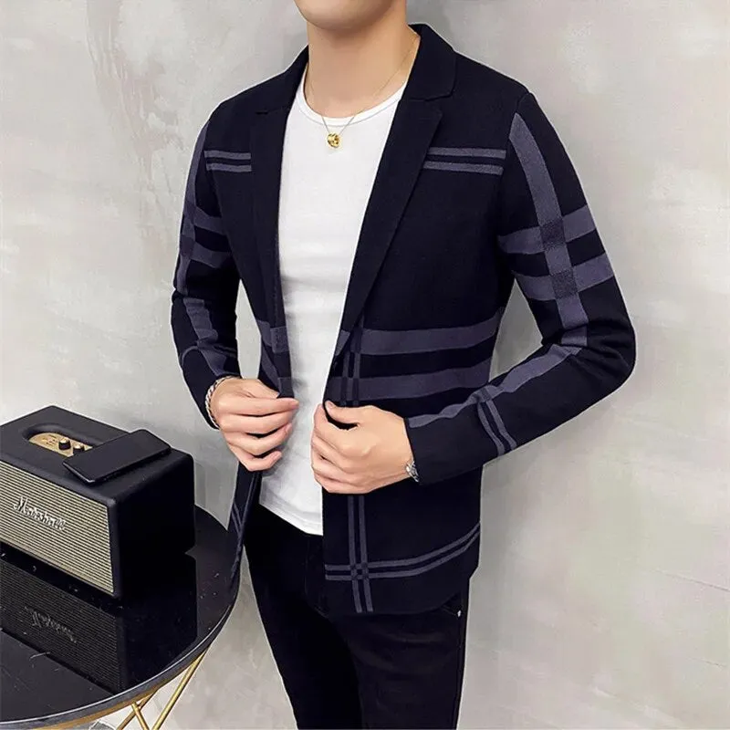 Plaid Pattern Knitted Polyester Cardigan