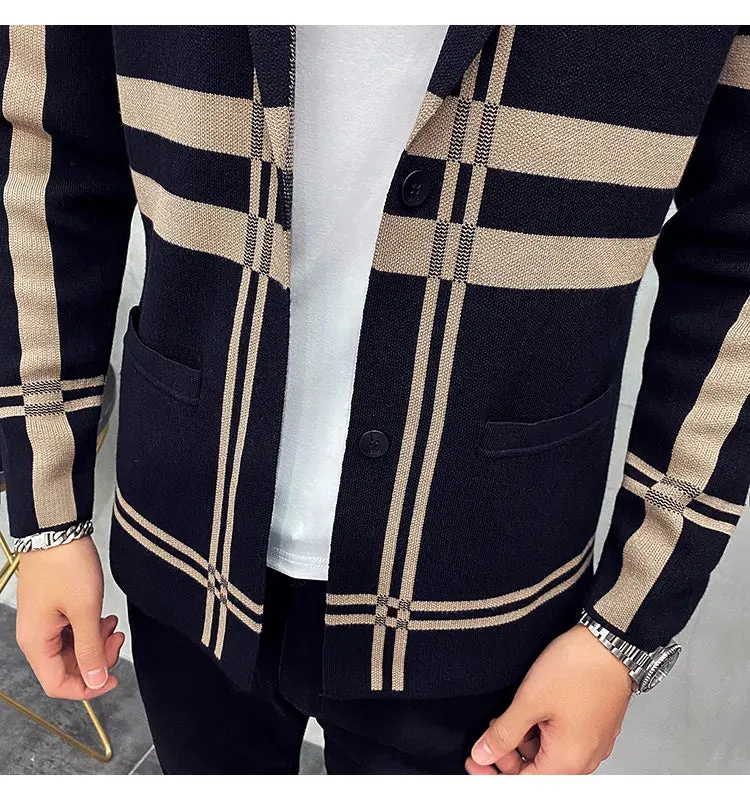 Plaid Pattern Knitted Polyester Cardigan