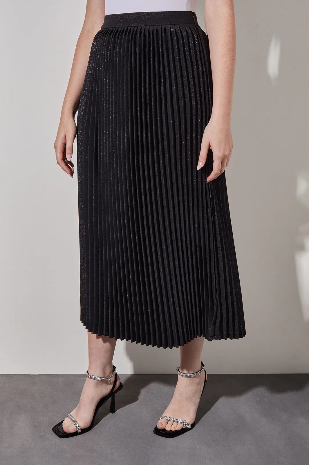 Plus Size Midi Pleated Skirt - Pull-On Shimmer Woven