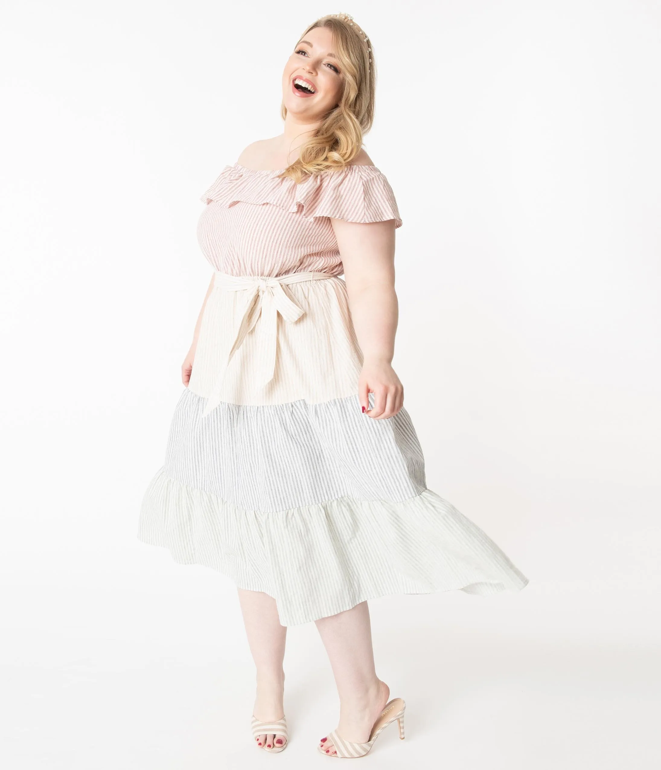 Plus Size Multicolor Pastel Stripe Tiered Midi Dress