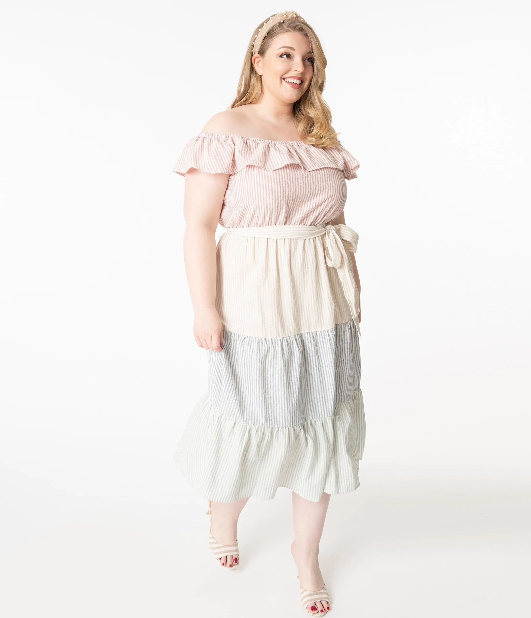 Plus Size Multicolor Pastel Stripe Tiered Midi Dress