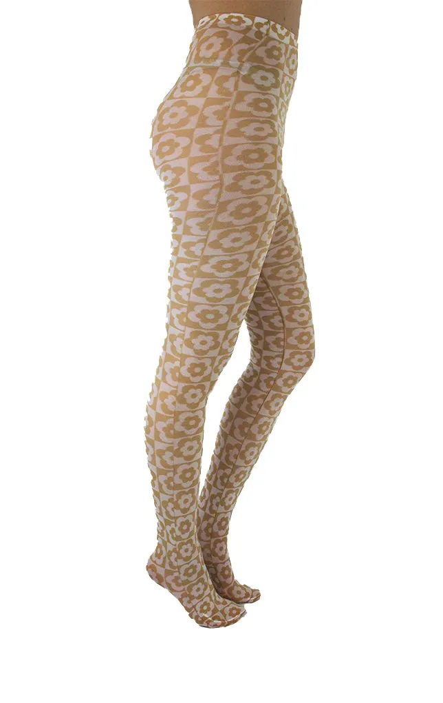 PM Floral Checkerboard Tights - Beige/White