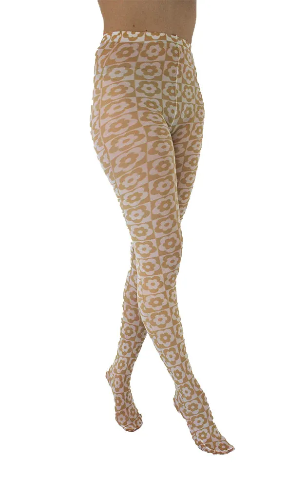 PM Floral Checkerboard Tights - Beige/White