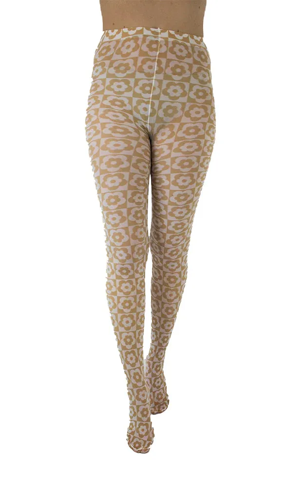 PM Floral Checkerboard Tights - Beige/White