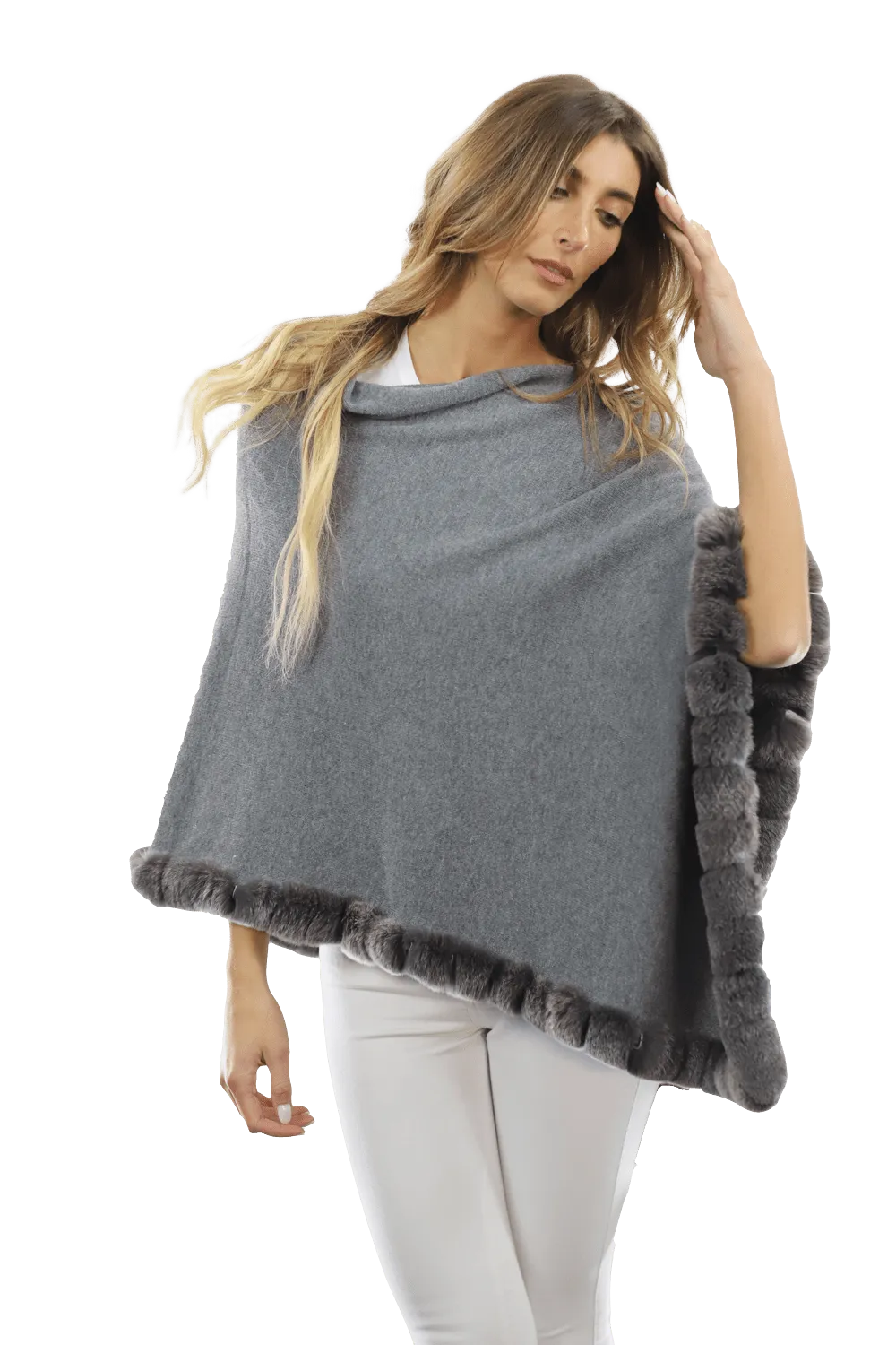 Poncho with Rex Rabbit Trim - Grey