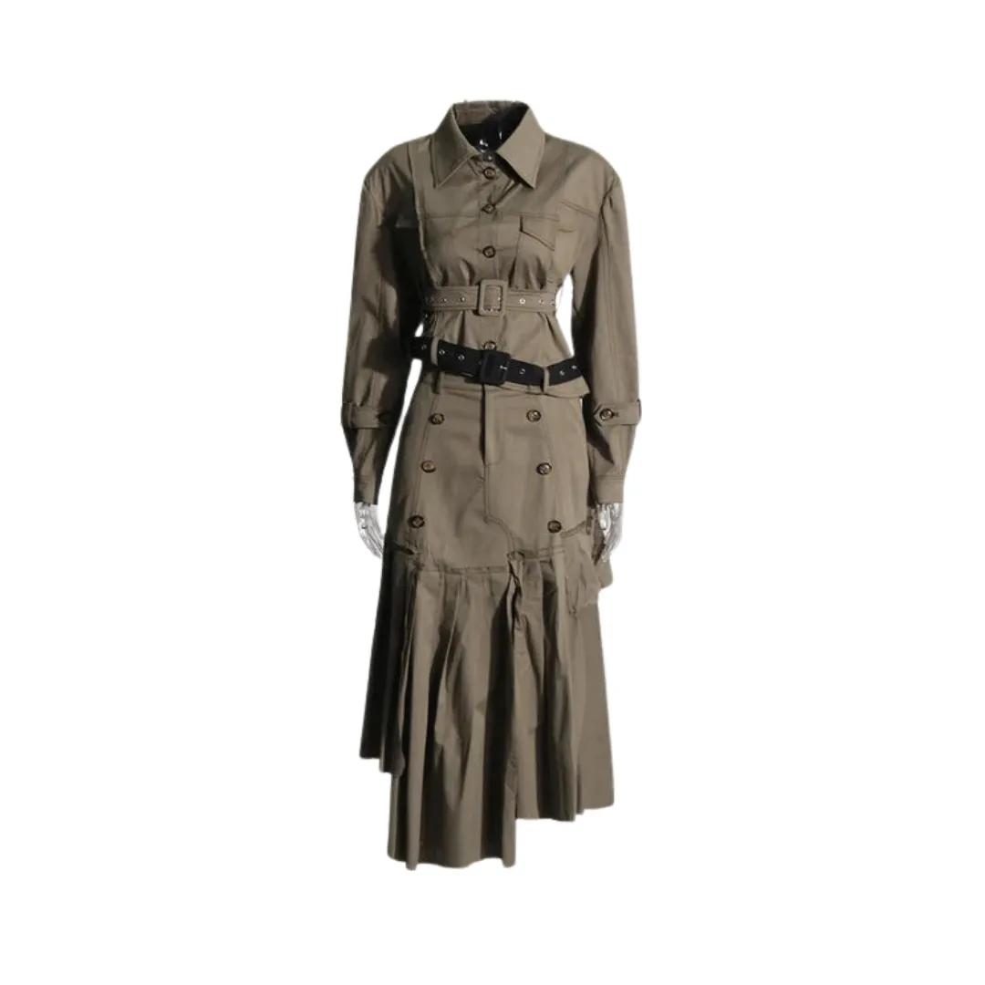 Pre Order:  Asymmetrical Double Belt Trench Top   Pleated Skirt Set