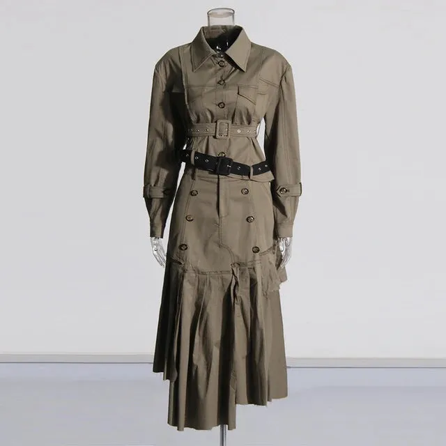 Pre Order:  Asymmetrical Double Belt Trench Top   Pleated Skirt Set