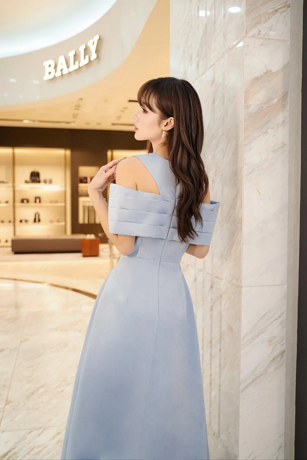 Raina A-line Open Shoulder Taffeta Midi Dress