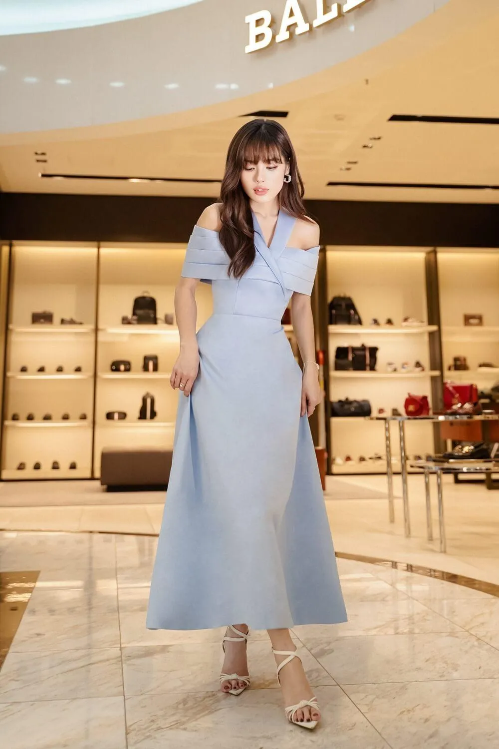 Raina A-line Open Shoulder Taffeta Midi Dress